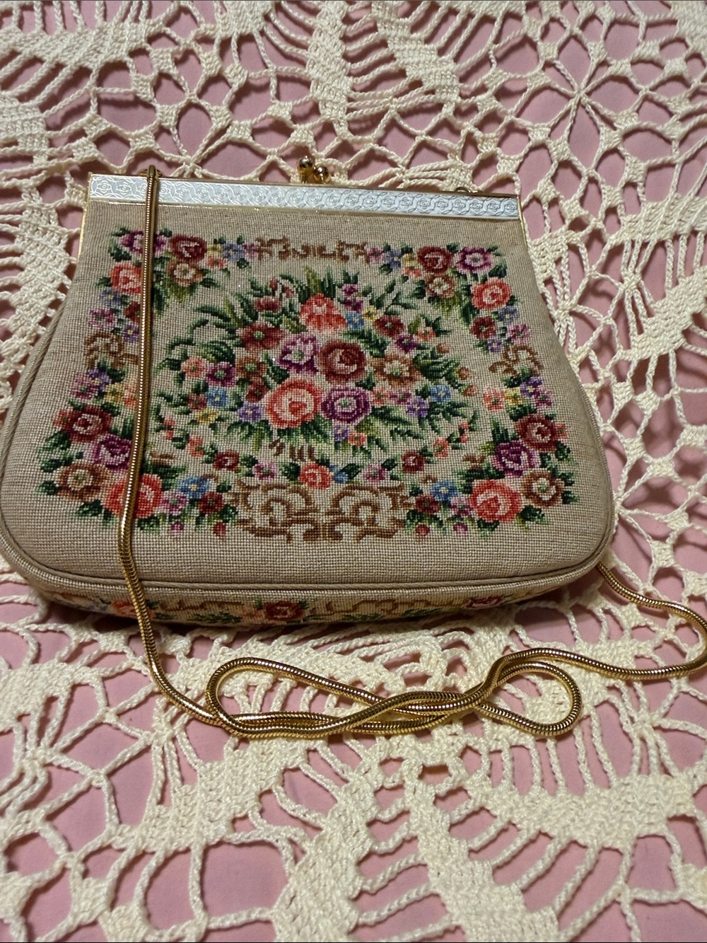 Beige Floral Tapestry Crossbody Bag with Gold Chain